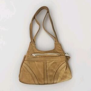 Vintage Soft Light Brown Leather 6 Pocket 2 Strap Whale Tail Lg Shoulder Bag